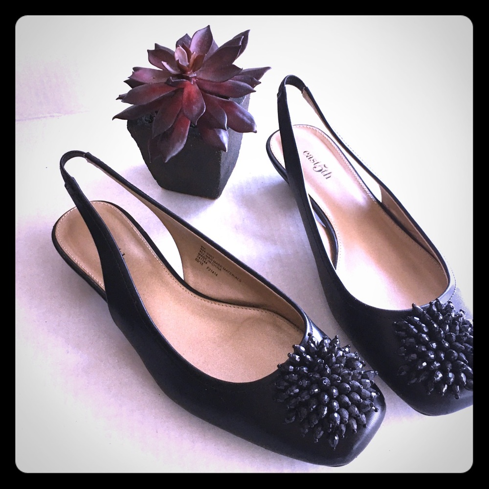East 5th Beaded Black Slingbacks
